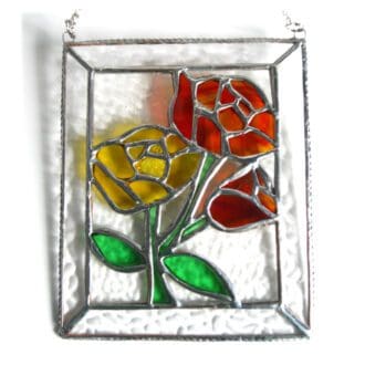 Rose picture stained glass suncatcher panel red yellow joysofglass