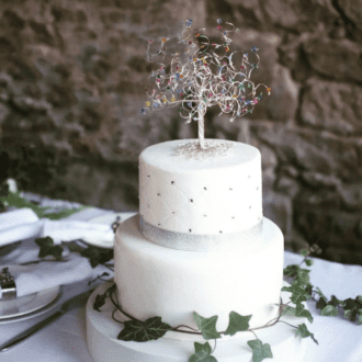 Silver wire tree cake topper decorated with rainbow mix of crystals on the branches sitting on top of a two tiered wedding cake.