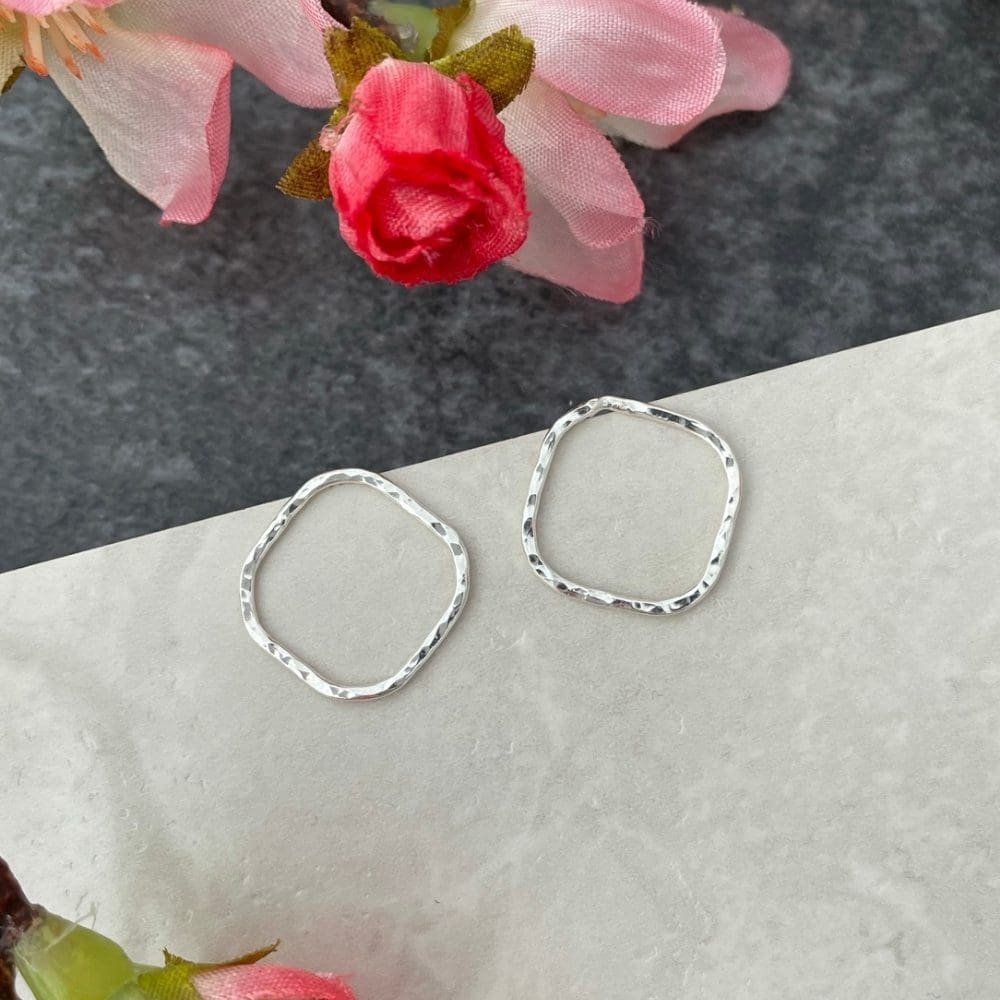 square hammered silver front facing hoop earrings