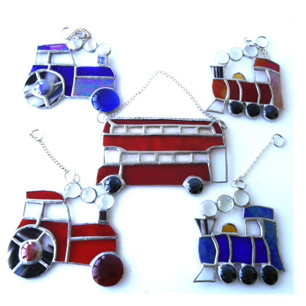 Train tractor bus vehicle stained glass suncatcher