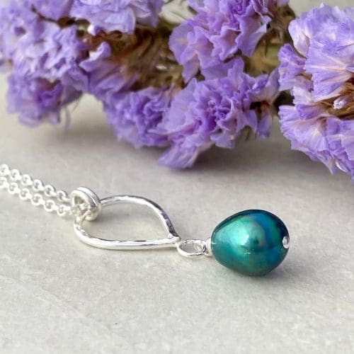 Teal green pearl drop necklace handmade in silver