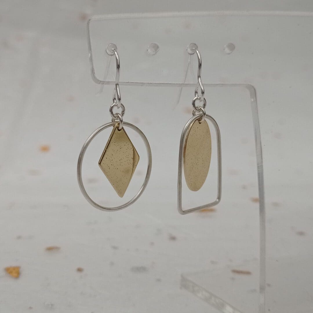 handmade asymmetrical silver wire & brass drop earrings