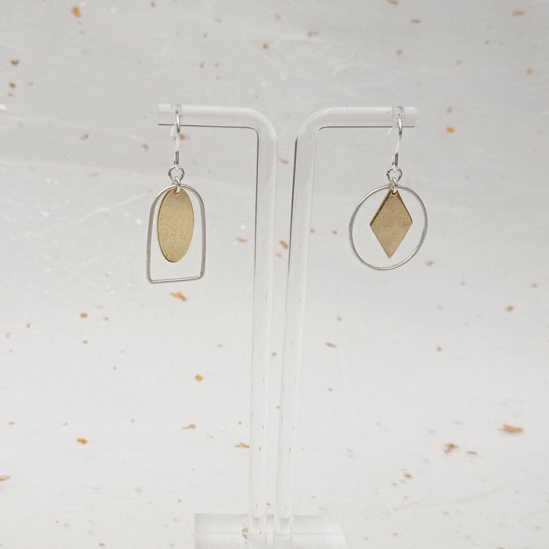 handmade asymmetrical silver wire & brass drop earrings