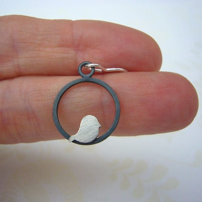 handmade sterling silver bird & wire drop earrings