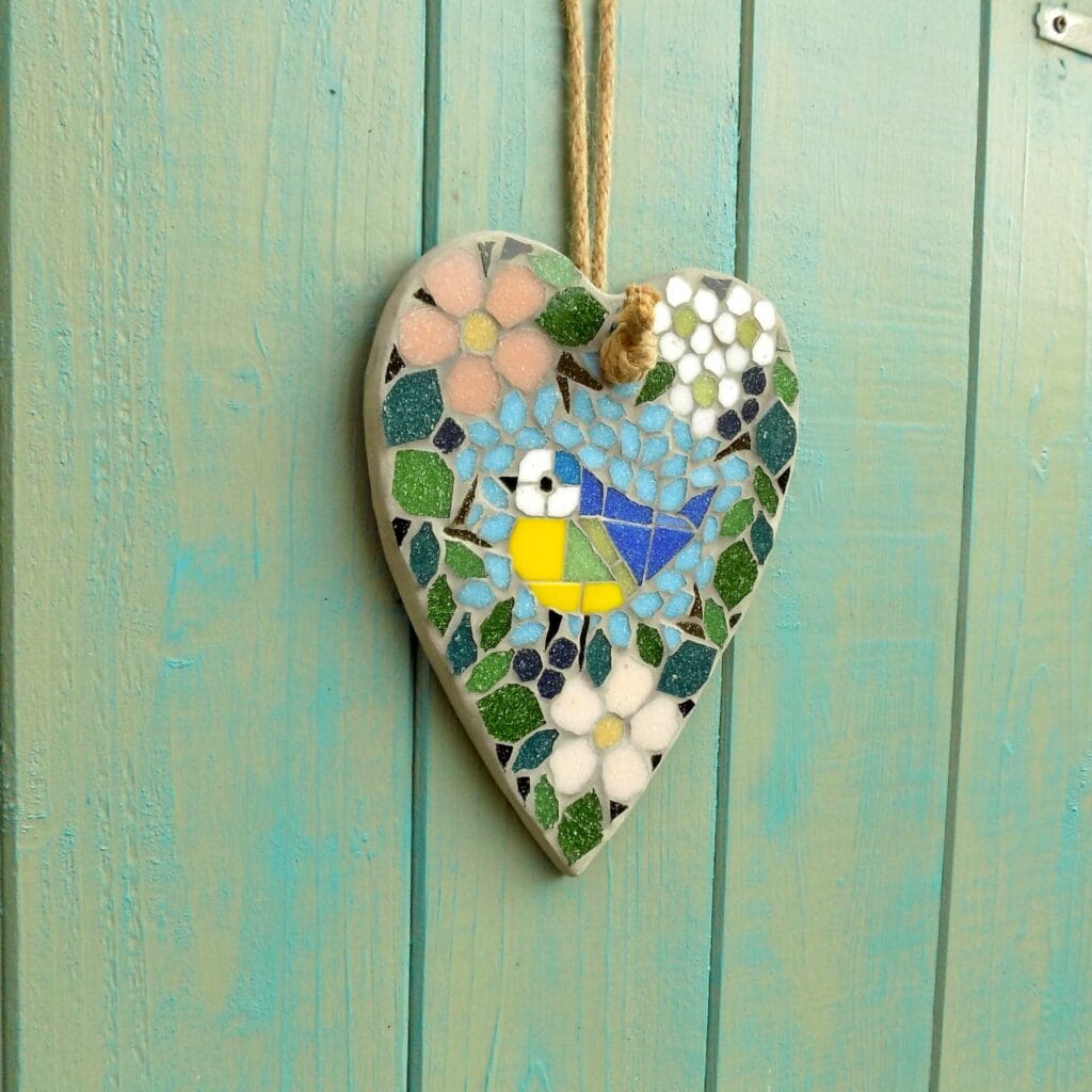 Blue Tit Mosaic Garden Hanging Heart Decoration 