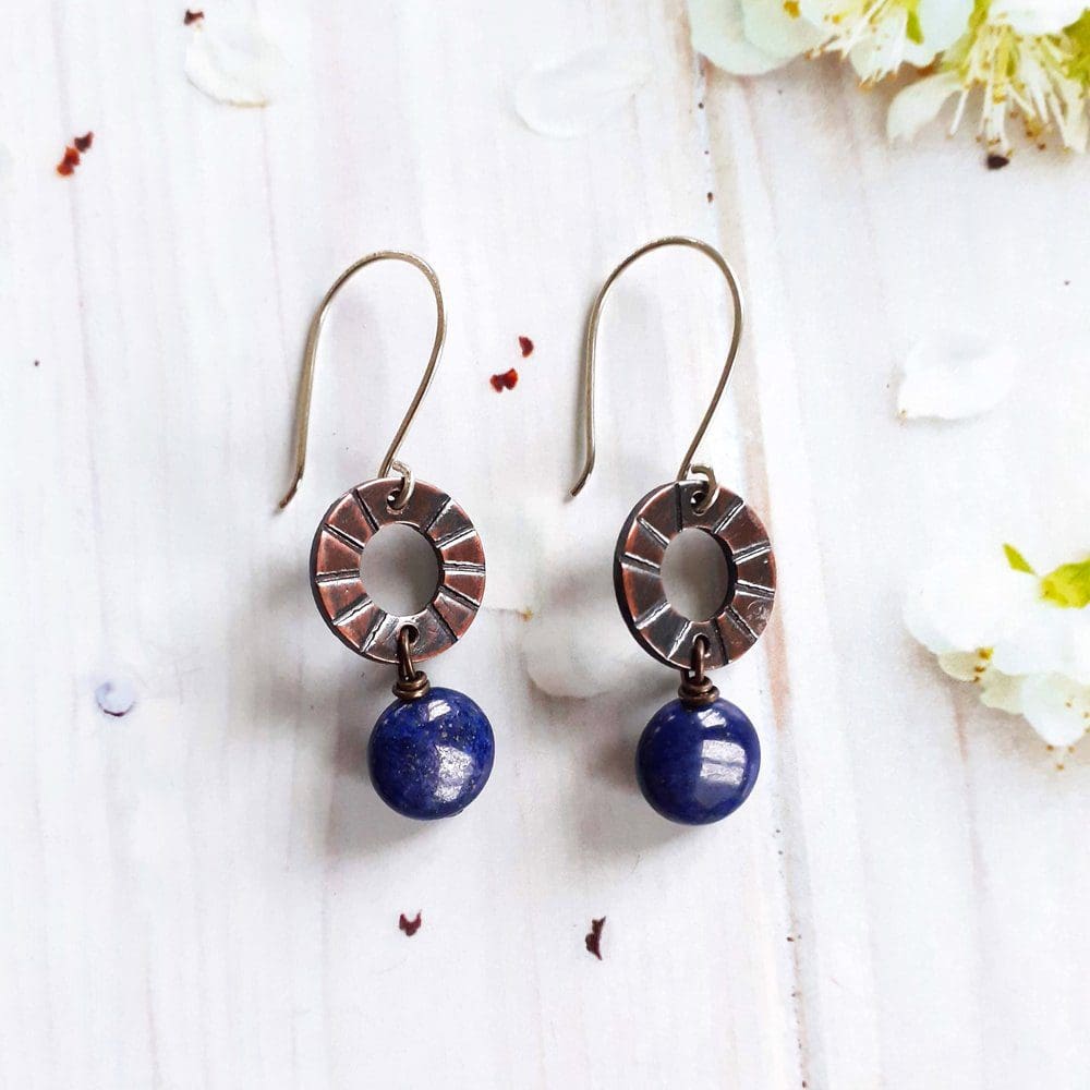 copper and lapis lazuli drop earrings