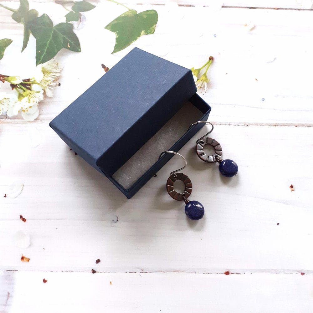 Copper drop earrings with Lapis Lazuli presented in an eco friendly gift box