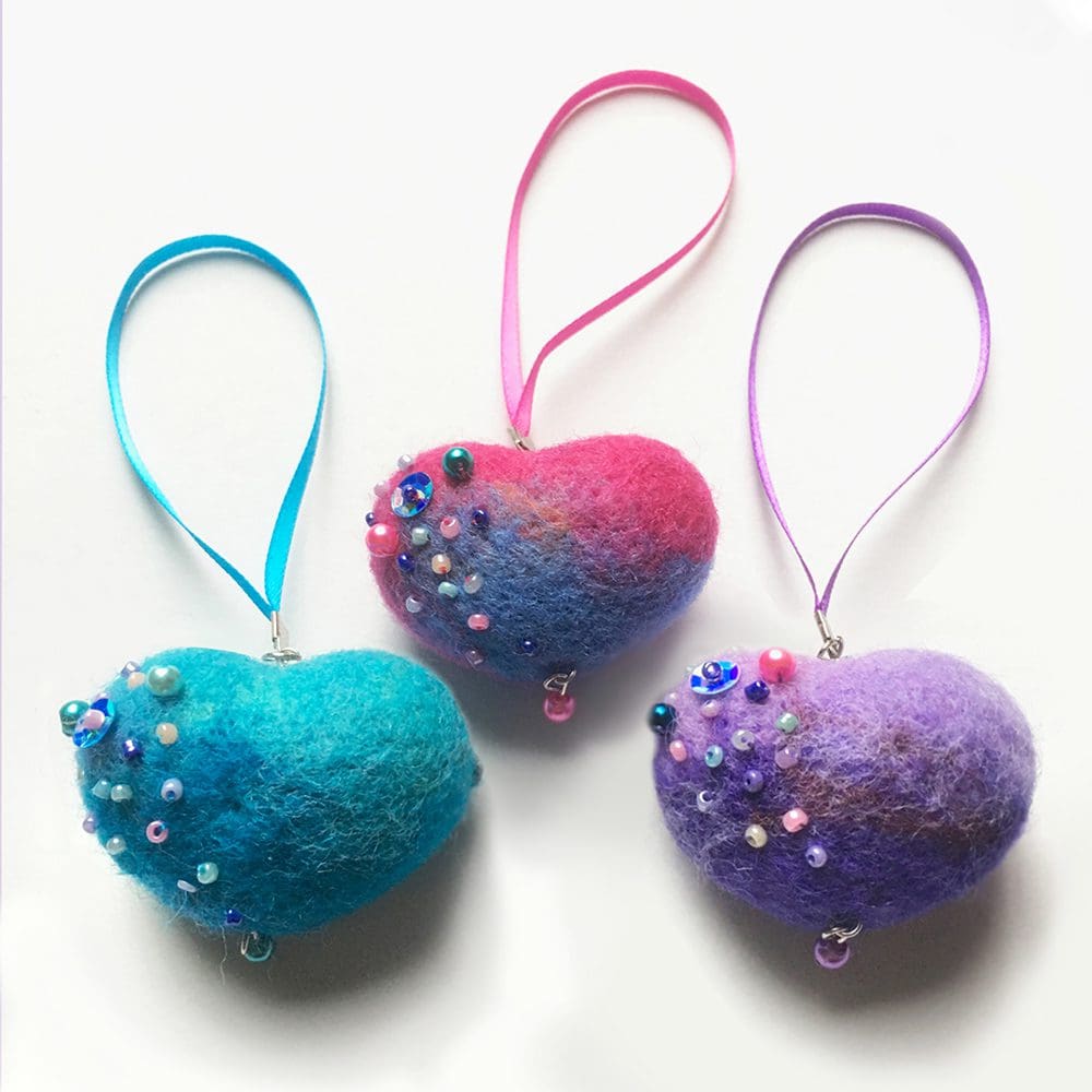 needle felted hearts