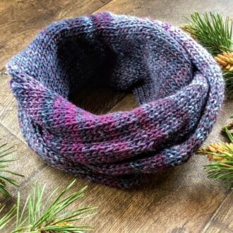 Variegated purple hand knitted double loop infinity scarf