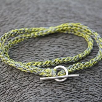 lime and gunmetal grey crochet bracelet with sterling silver t bar and toggle findings
