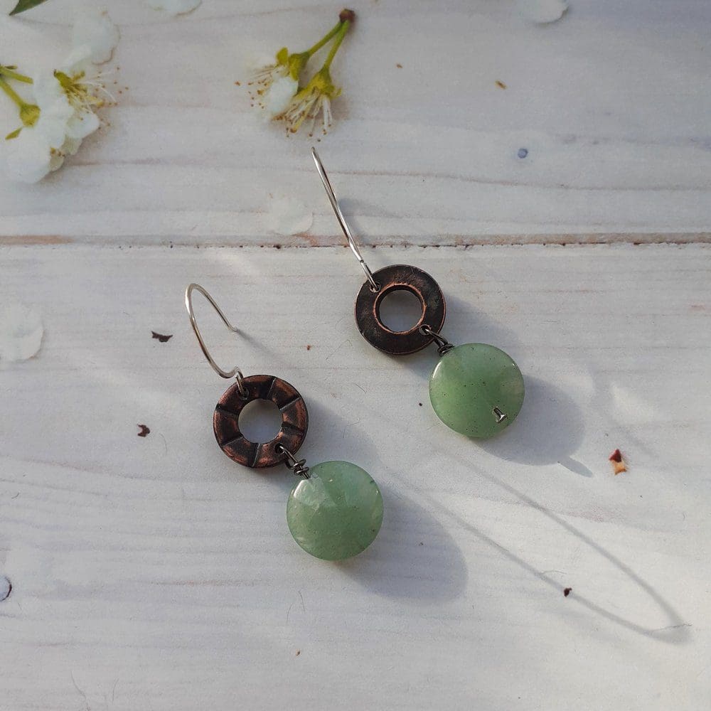 recycled copper earrings with Aventurine beads
