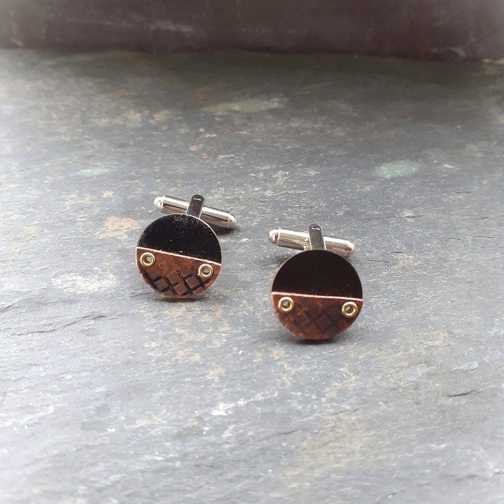 Recycled copper cufflinks with a grid texture