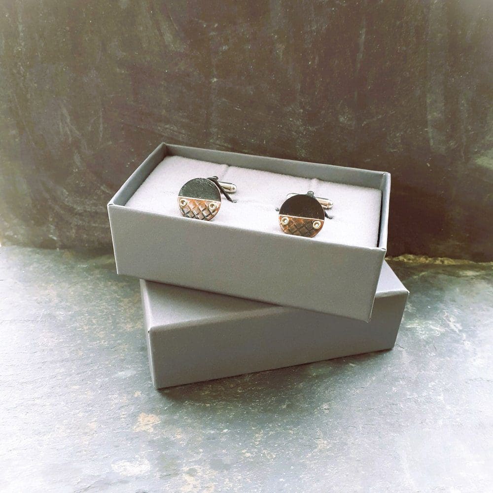 These recycled copper cufflinks with grid texture will arrive gift boxed.