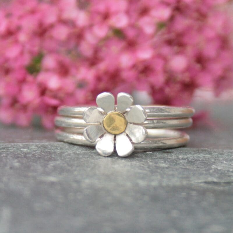 Silver daisy stacking rings