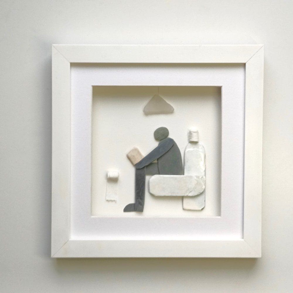 pebble art framed man sitting on the toilet humorous bathroom wall art