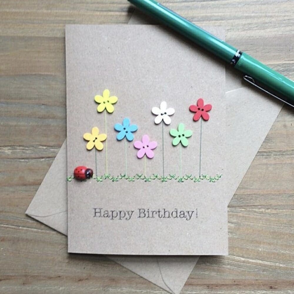 Flower Meadow Card with Hand Sewn Buttons - The British Craft House