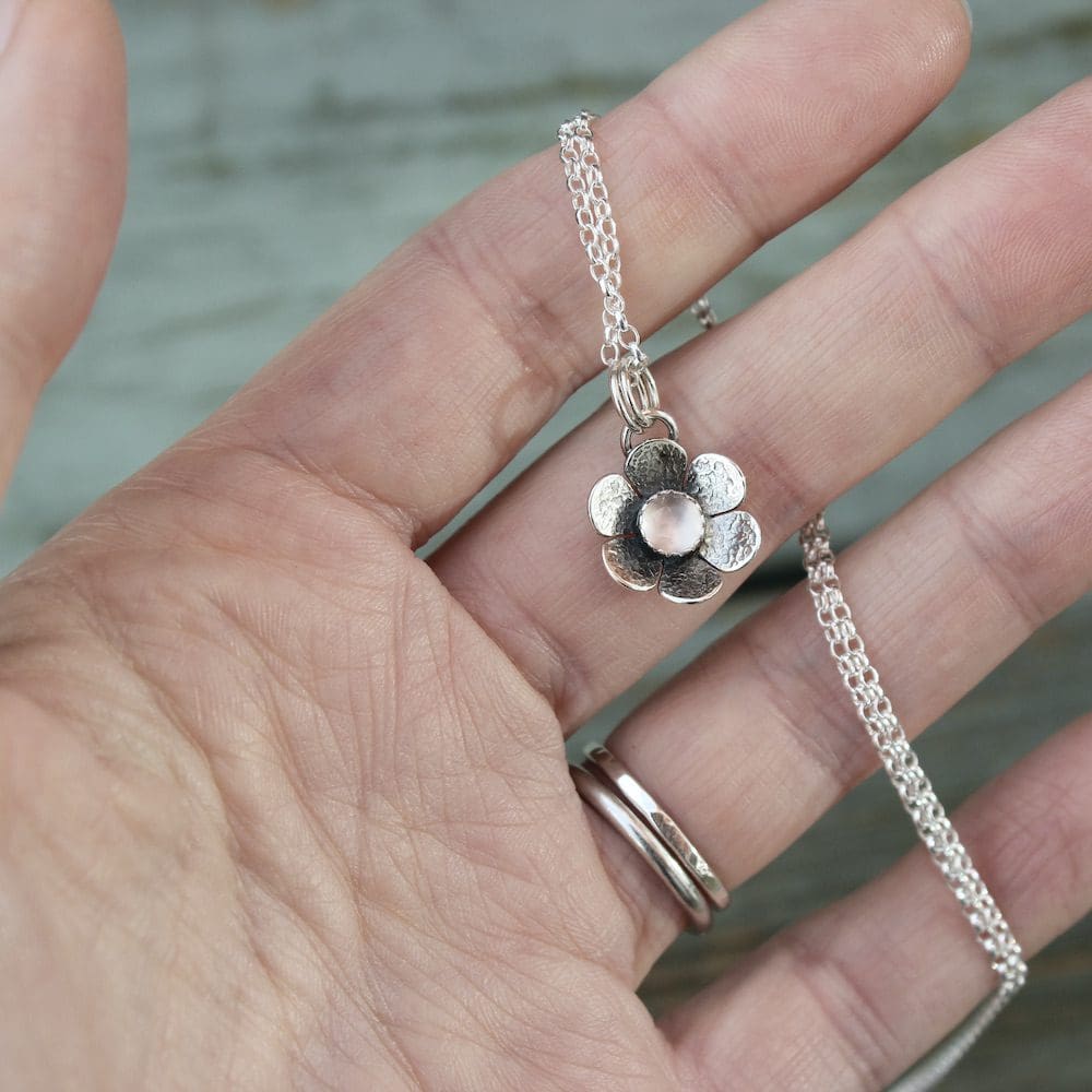 willow and twigg Sterling Silver and Rose Quartz Flower Pendant necklace