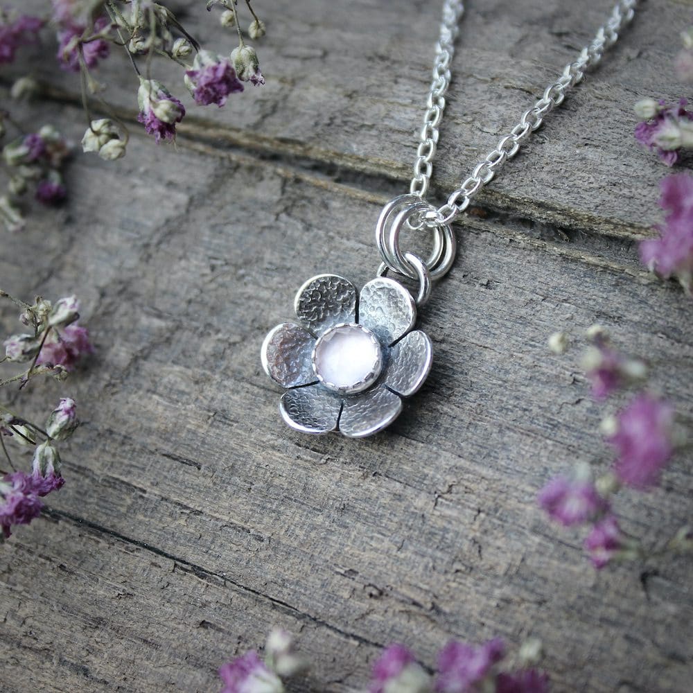 willow and twigg Sterling Silver and Rose Quartz Flower Pendant necklace