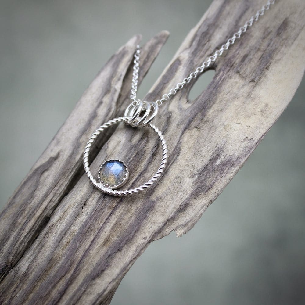 willow and twigg Twisted Silver Circle and Labradorite Pendant Necklace