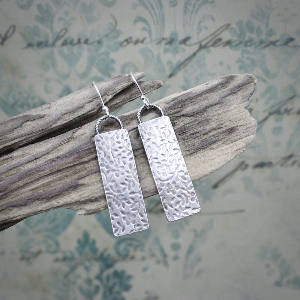 willow and twigg floral patterned silver rectangular drop earrings