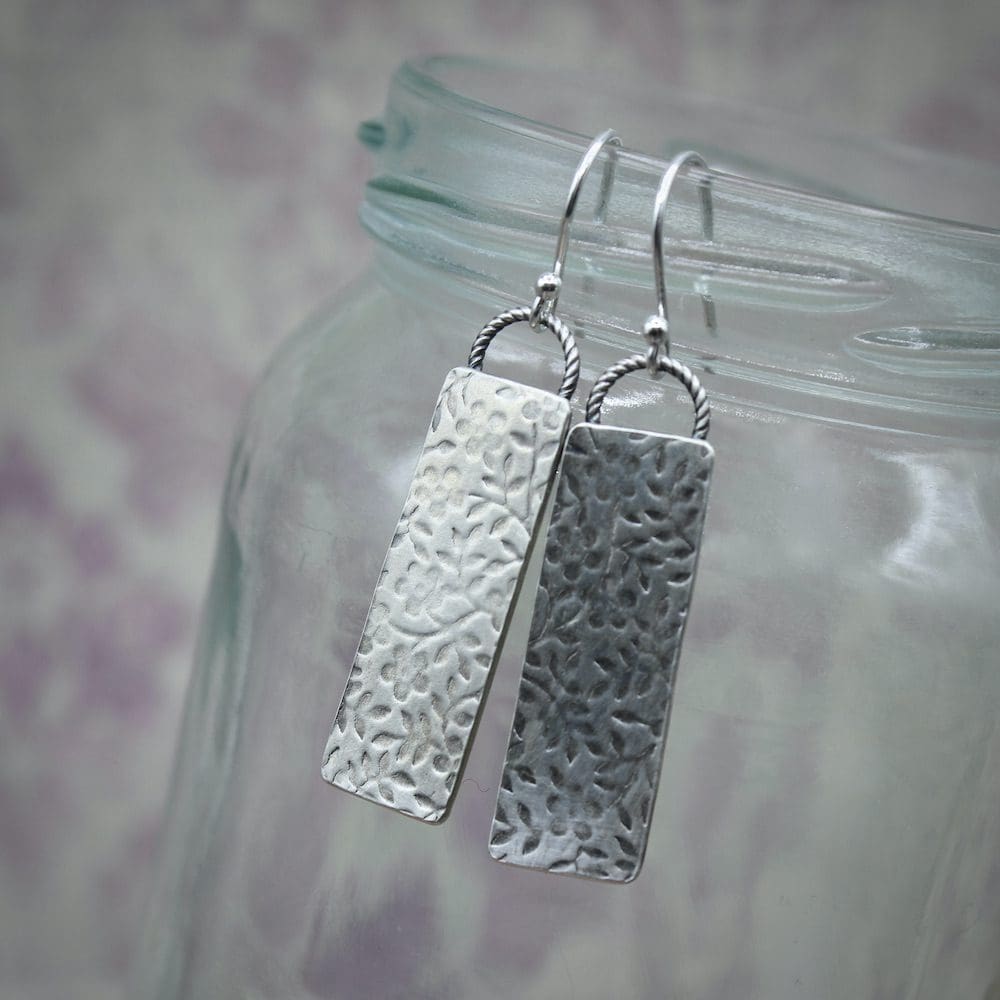 willow and twigg floral patterned silver rectangular drop earrings