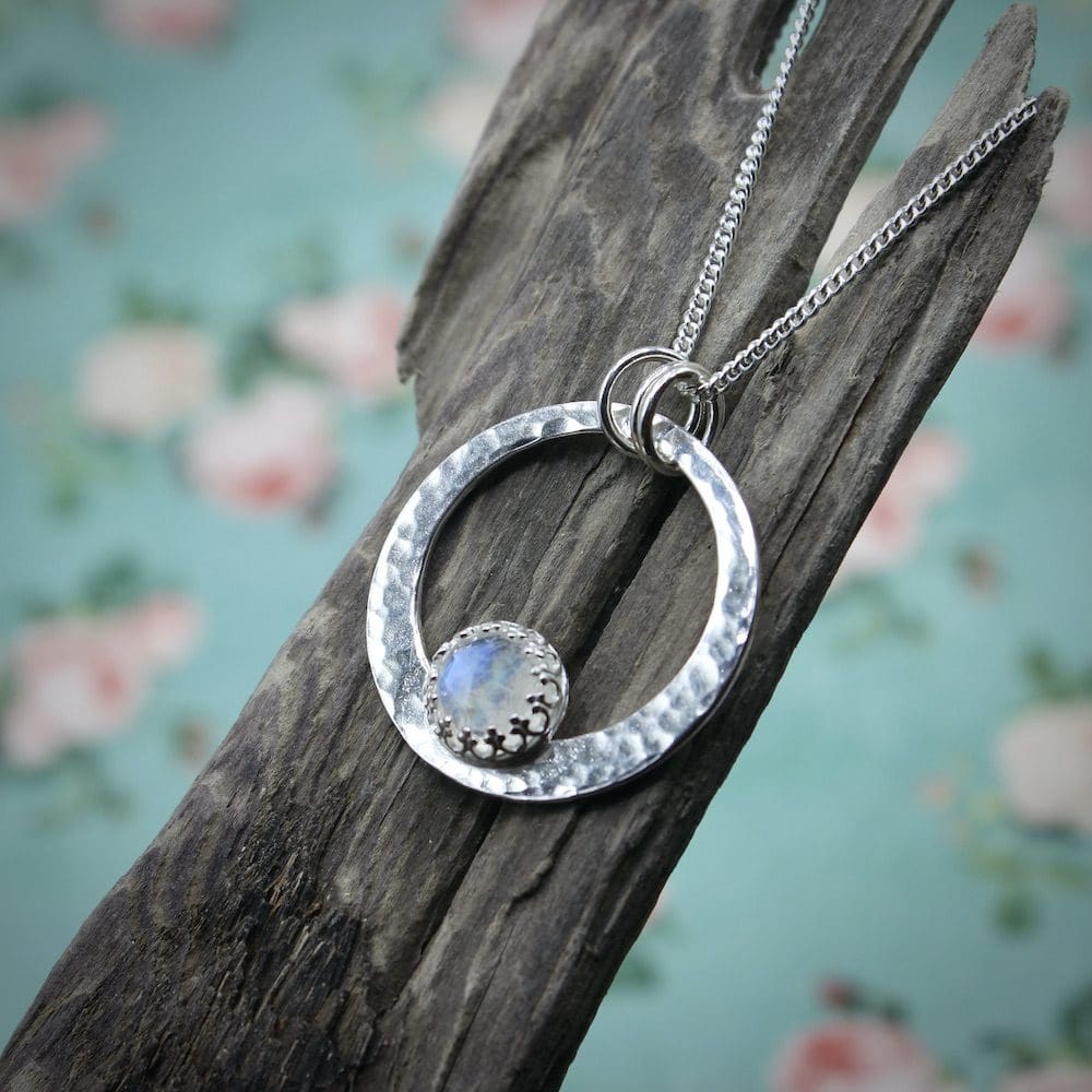 willow and twigg large silver circle rainbow moonstone pendant