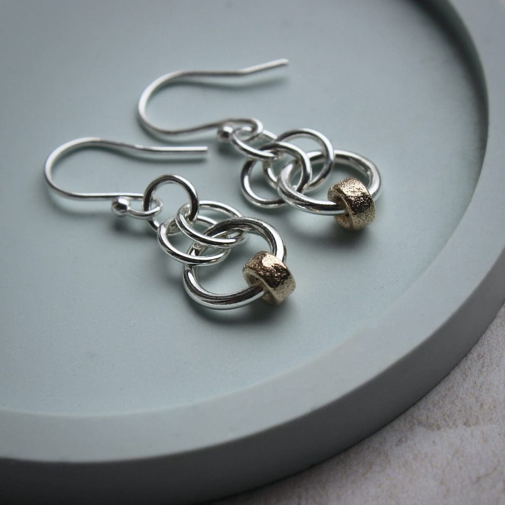 willow and twigg stirling silver and gold circular link drop earrings