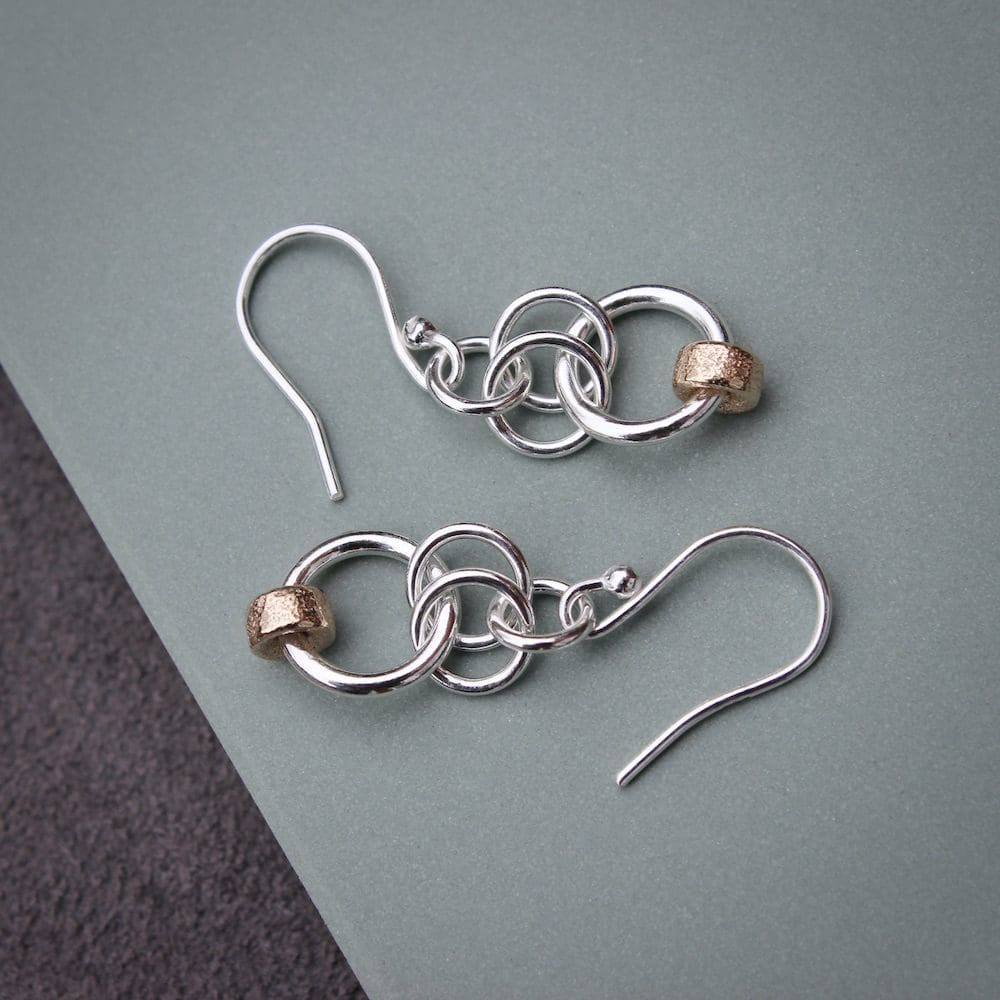 willow and twigg stirling silver and gold circular link drop earrings