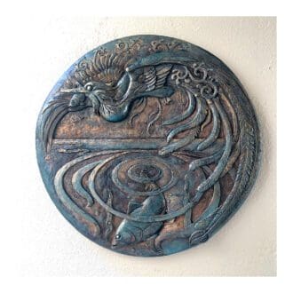 Large Sculpted Circular wall art showing a Kingfisher and a Salmon.