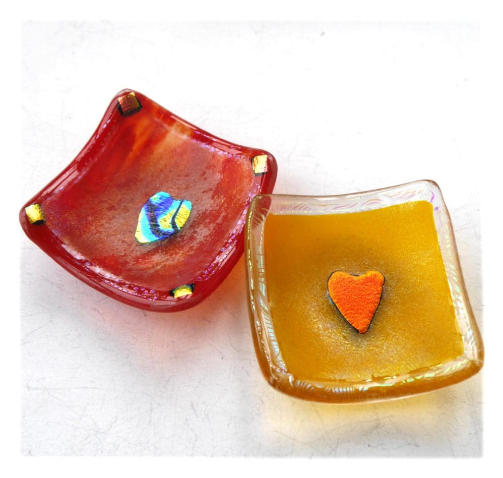 fused glass dish dichroic heart ring earrings