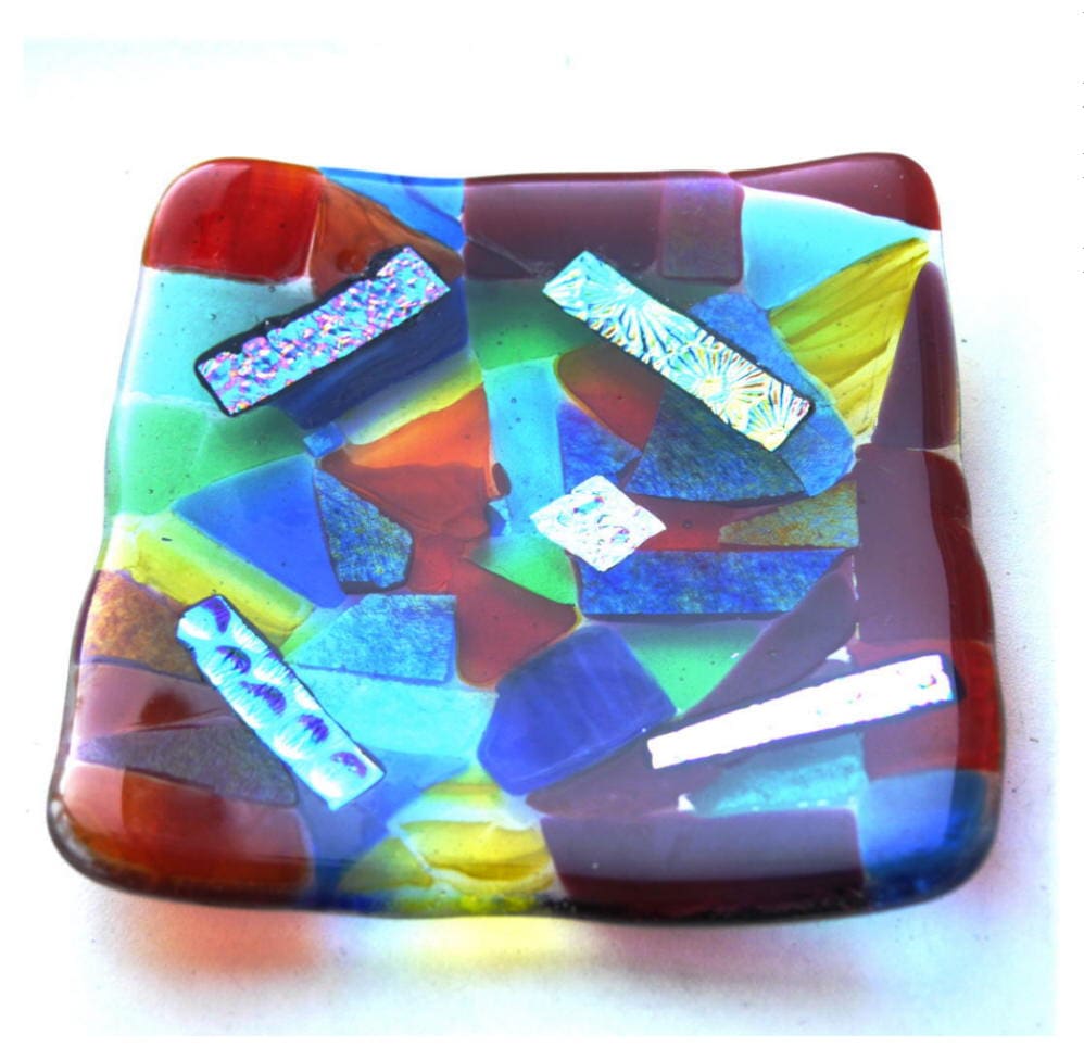 fused glass abstract patchwork rainbow dish bowl dichroic art