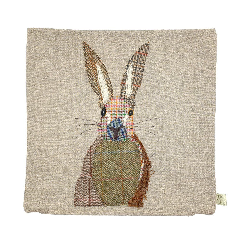 Applique hare cushion on linen cushion