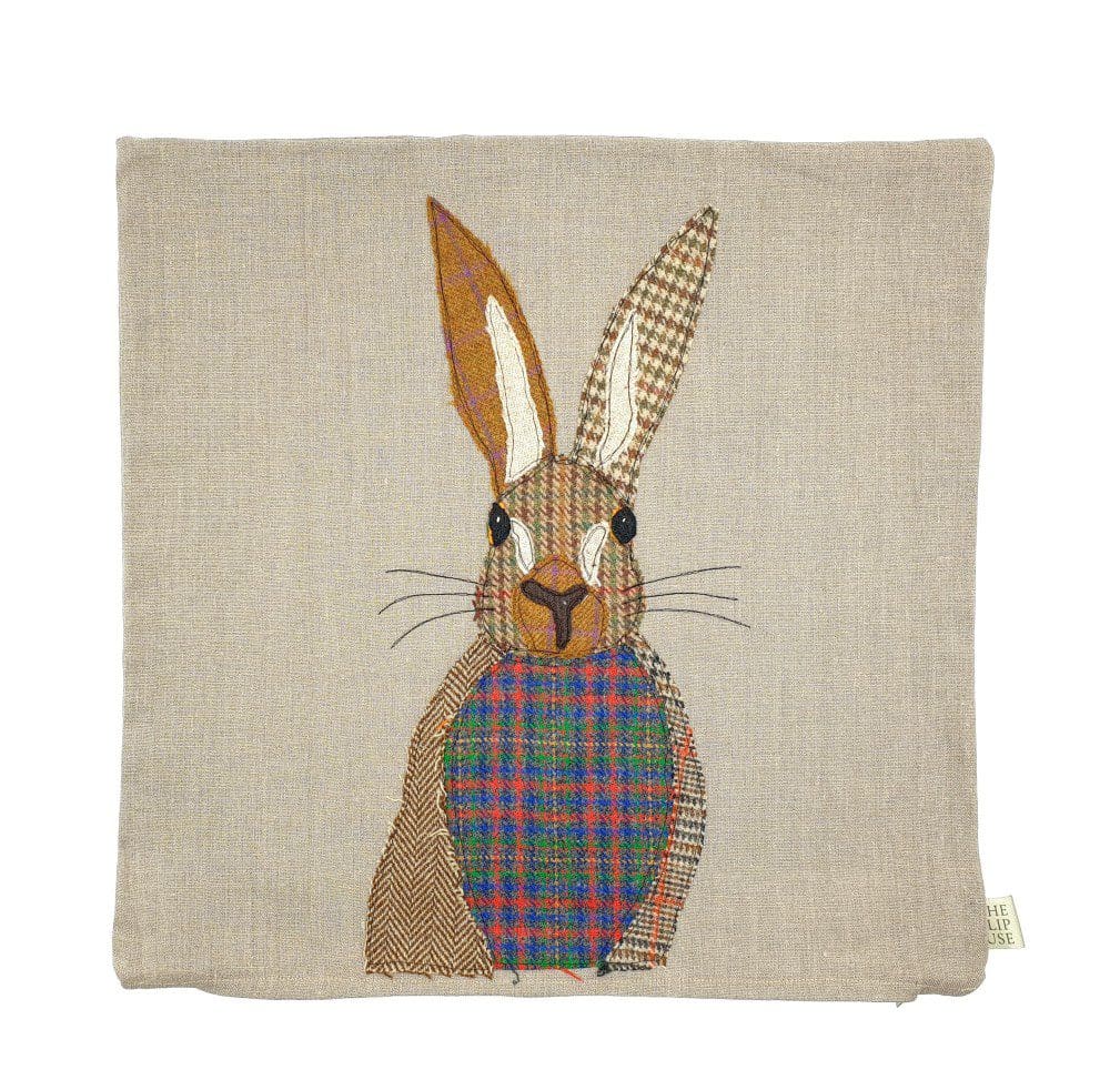 Applique hare on linen cushion