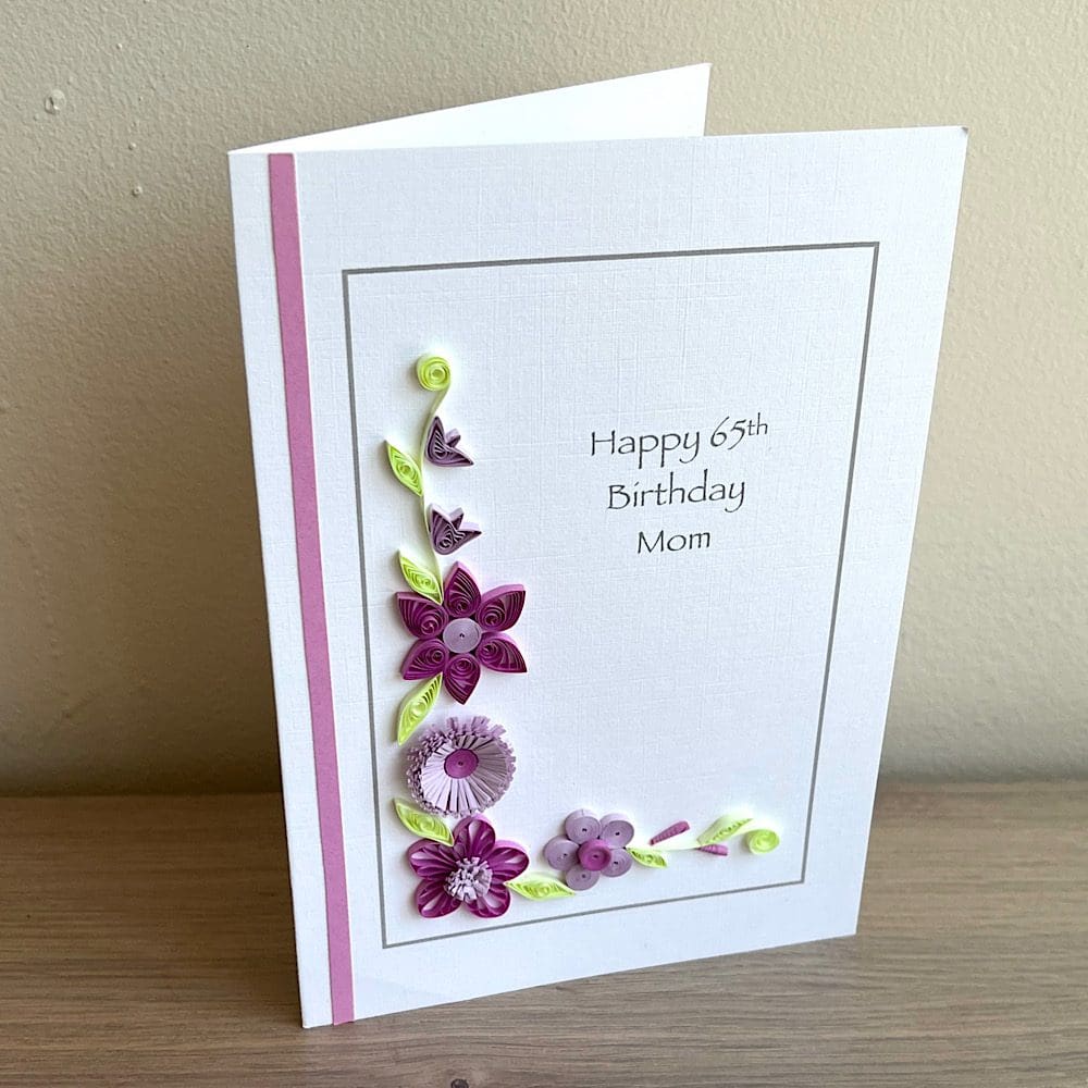 Handmade 65th birthday card mum, 70th, 80th, quilled, personalised