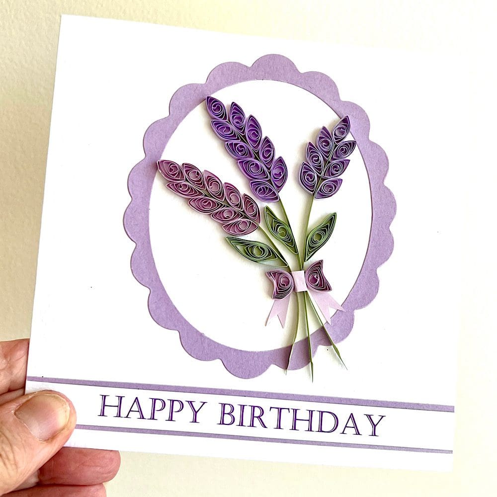 Handmade birthday card with quilled lavender
