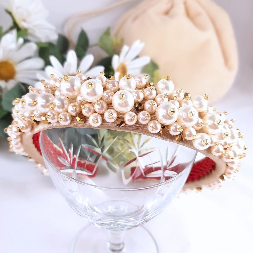 Cream/crystal Metal Headband With Pearls And Crystals