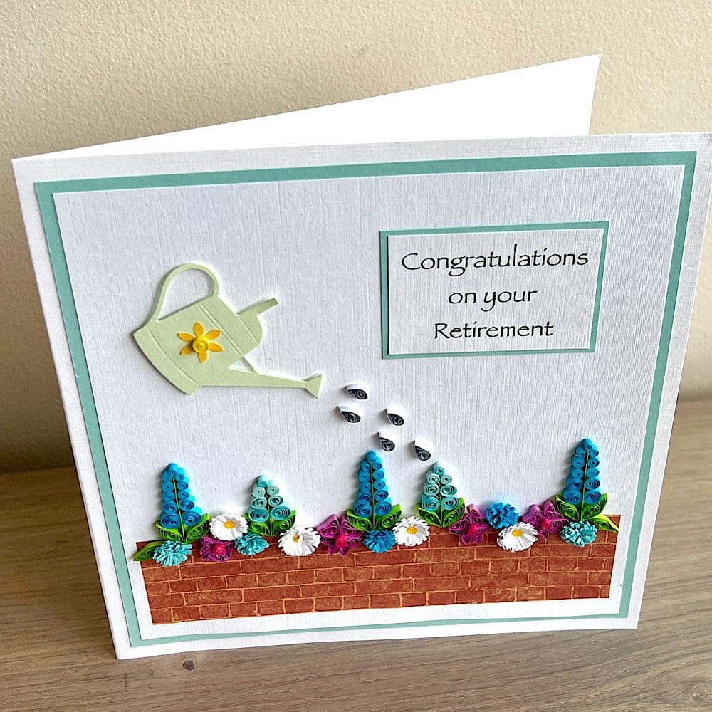 Quilled retirement congratulations card, garden, flowers