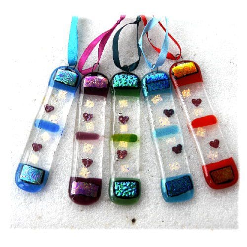 Dichroic fused glass heart stick hanging decoration