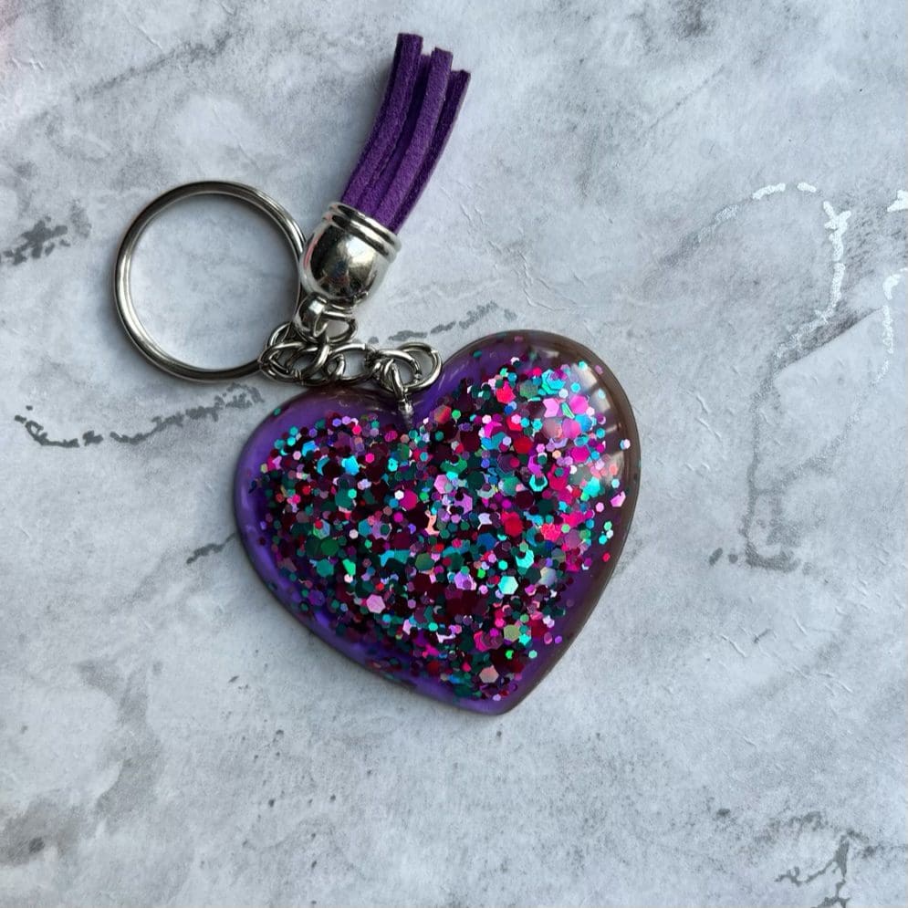 Sparkly Resin Heart keyrings/bag Charms - Clear Holographic
