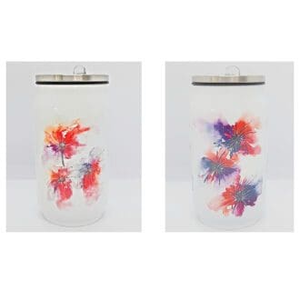 Can style thermos cups featuring floral artwork