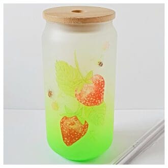 Frosted Green Glass with Strawberry and Bees artwork