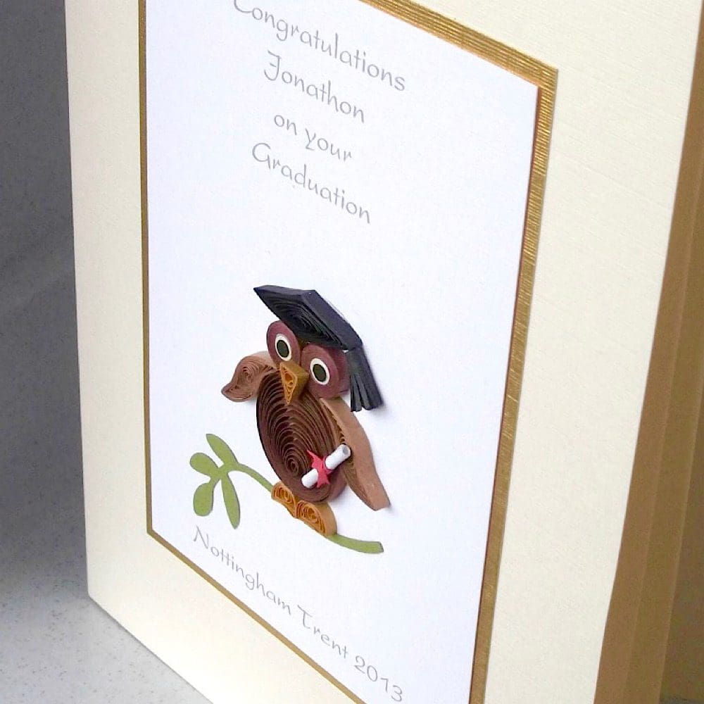 Quilled graduation congratulations card, personalised, wise owl