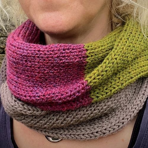 Knitted infinity scarf block stripes of green pink and taupe grey