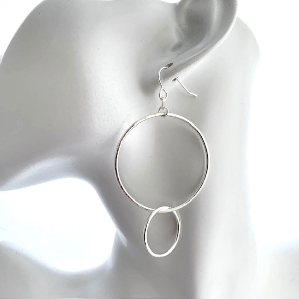 Hammered silver two hoop earrings