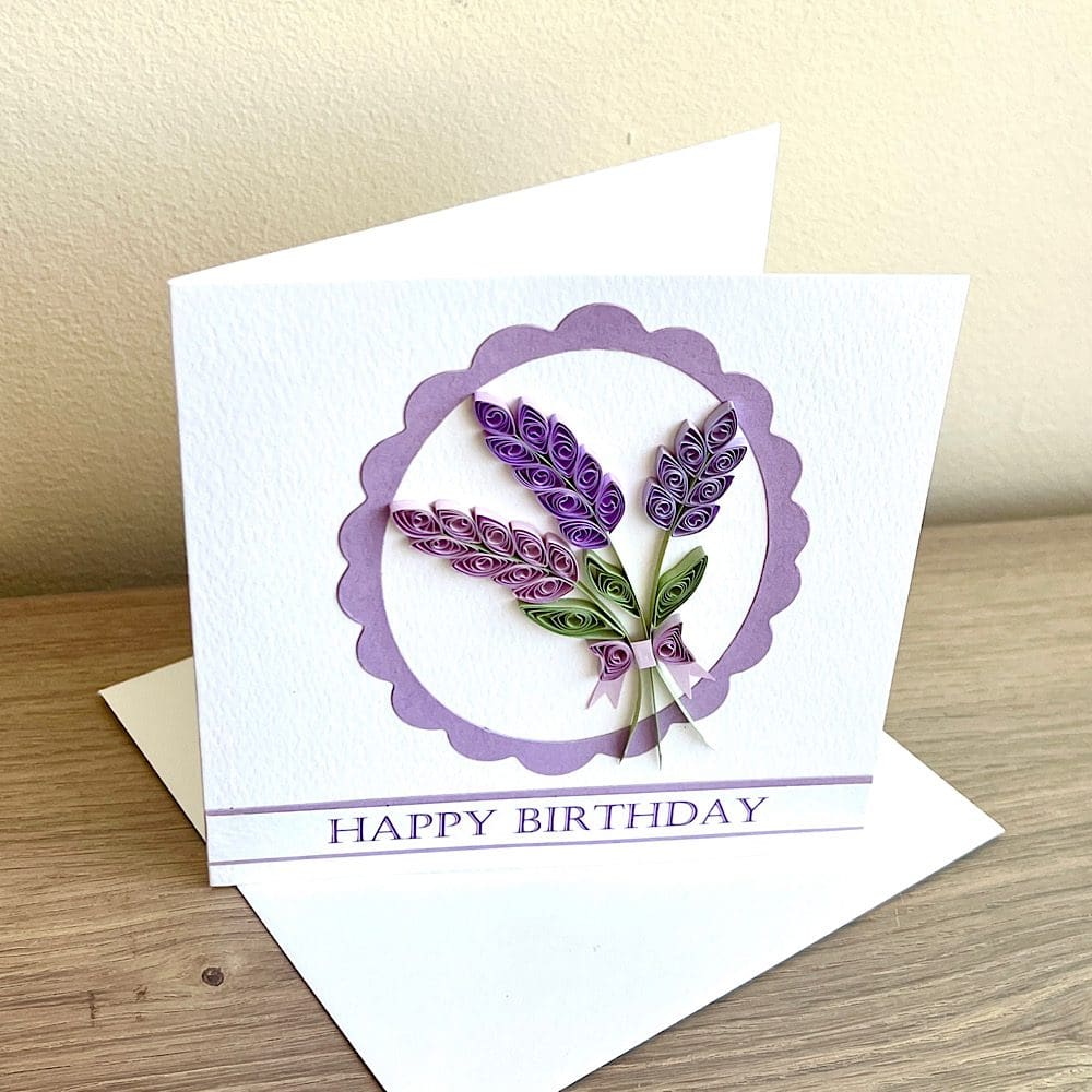Birthday card with quilled lavender for mum, sister