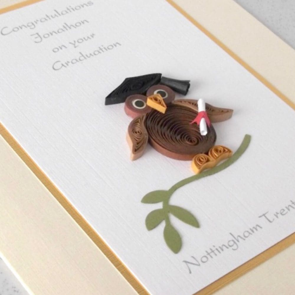 Quilled graduation congratulations card, personalised, wise owl