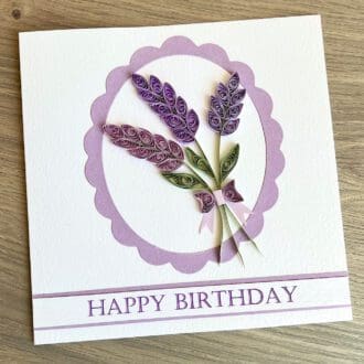 Quilled handmade birthday card, lavender