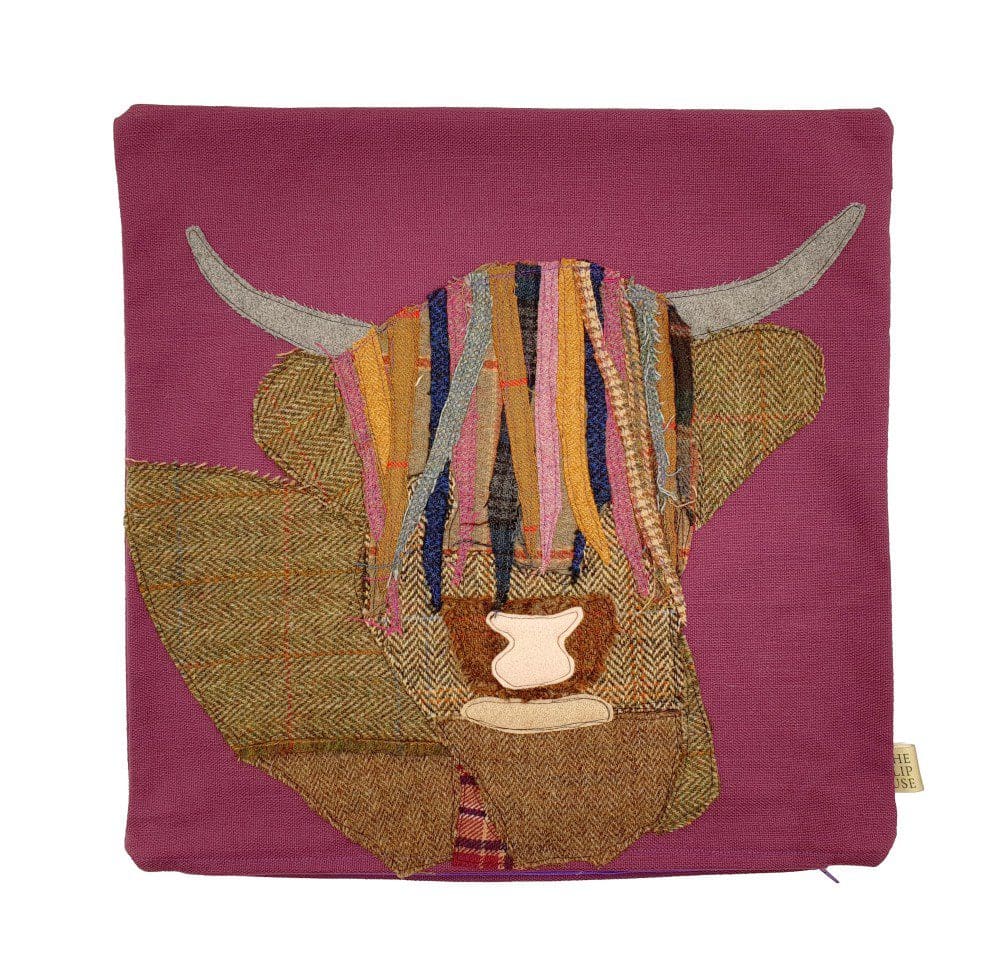 Applique Highland Cow cushion on violet cotton cover