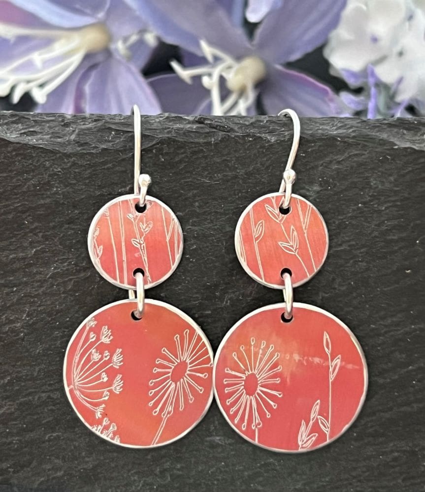 Hand painted aluminium earrings - orange botanical