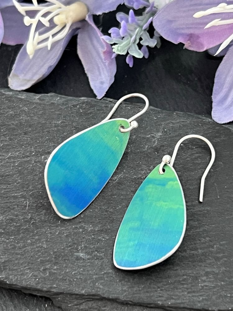 Hand painted aluminium earrings - green and blue